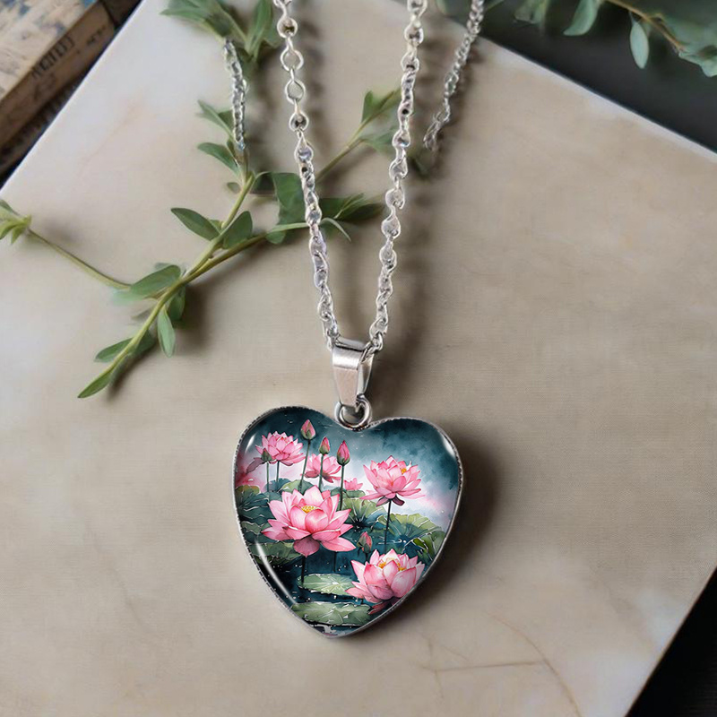 Pink Lotus Pond Heart Glass Pendant Men's Necklace
